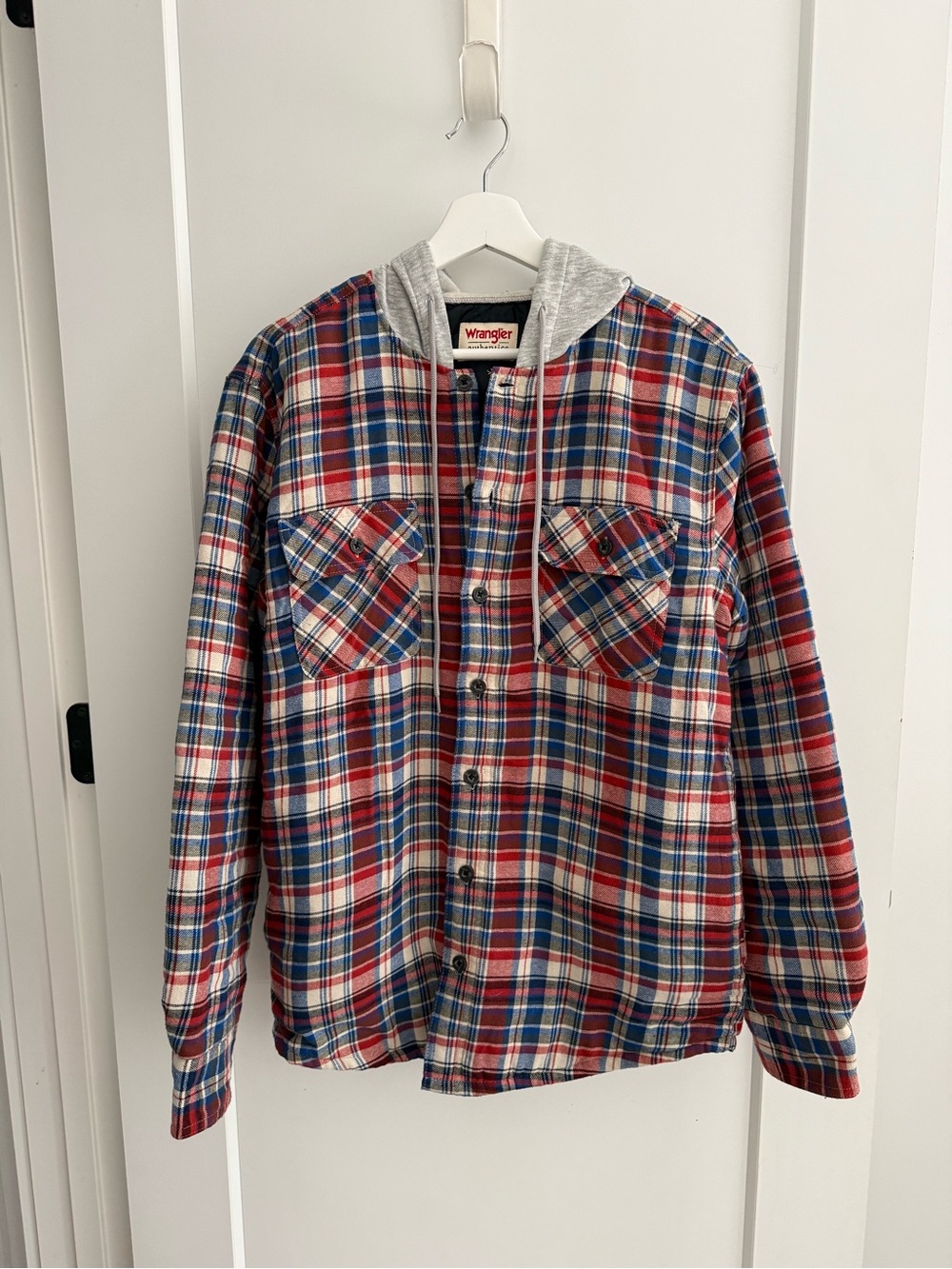 Wrangler Red Blue Gray Plaid Qulited Flannel Jacket with Hood